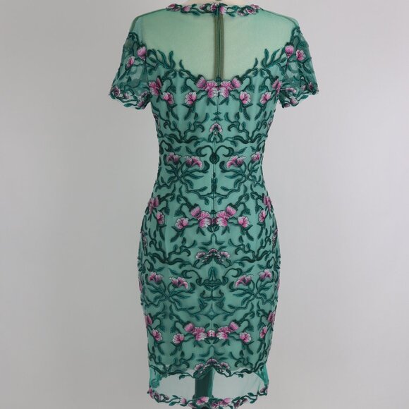 Tadashi Verena Green Sheer Illusion Embroider Floral Birds Lace Bodycon Dress - Picture 6 of 9